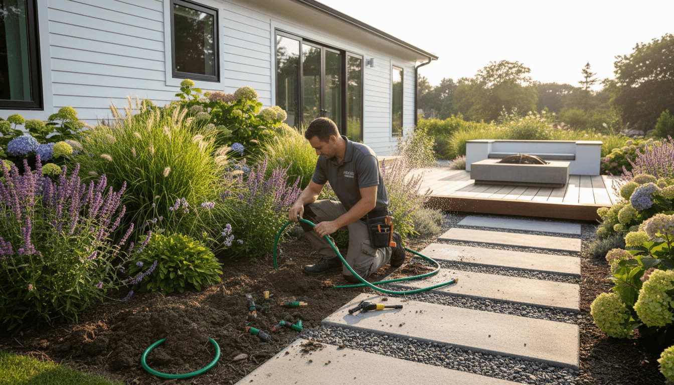 Professional landscaper working on an irrigation system in a well-designed Bakersfield yard with plants and hardscaping