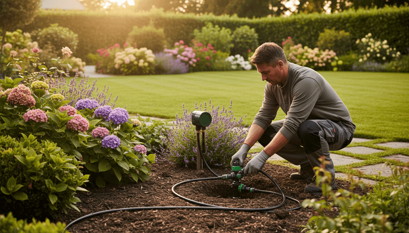 Ramirez Landscaping professional installing irrigation system in Bakersfield residential landscape